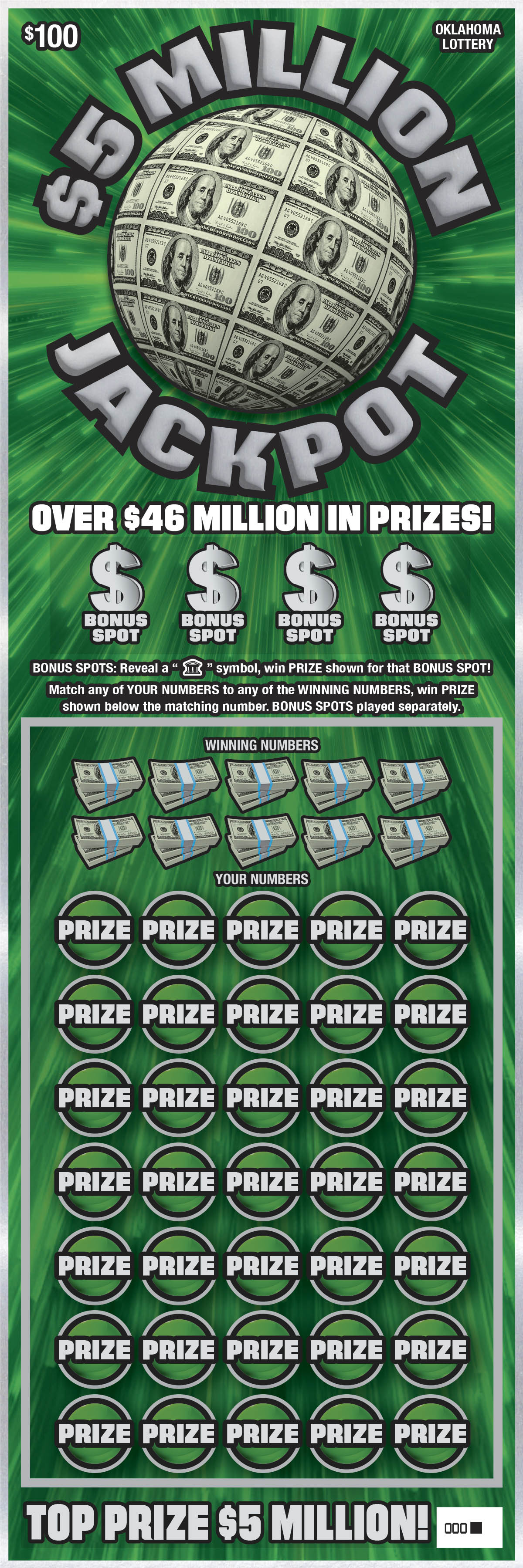 $5 Million Jackpot scratcher ticket from Oklahoma Lottery