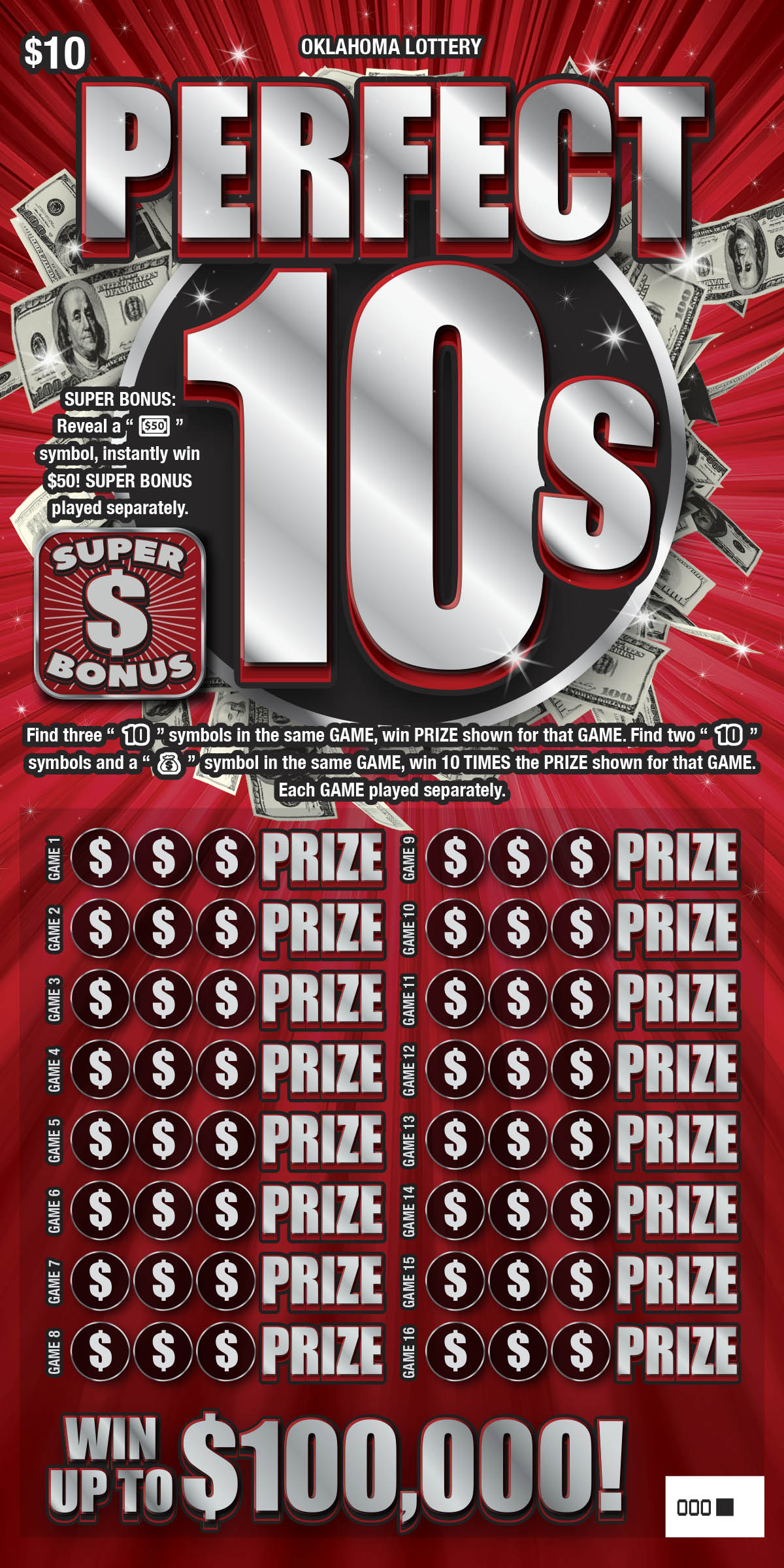 Perfect 10s scratcher ticket from Oklahoma Lottery
