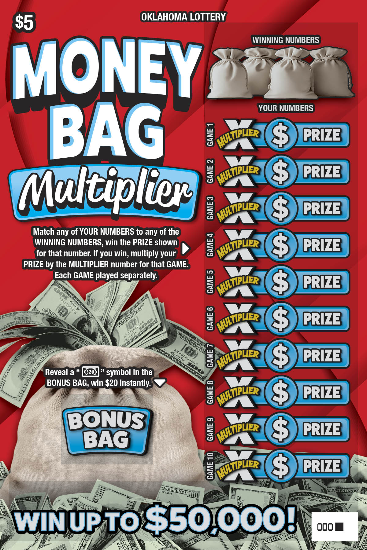 Money Bag Multiplier scratcher ticket from Oklahoma Lottery