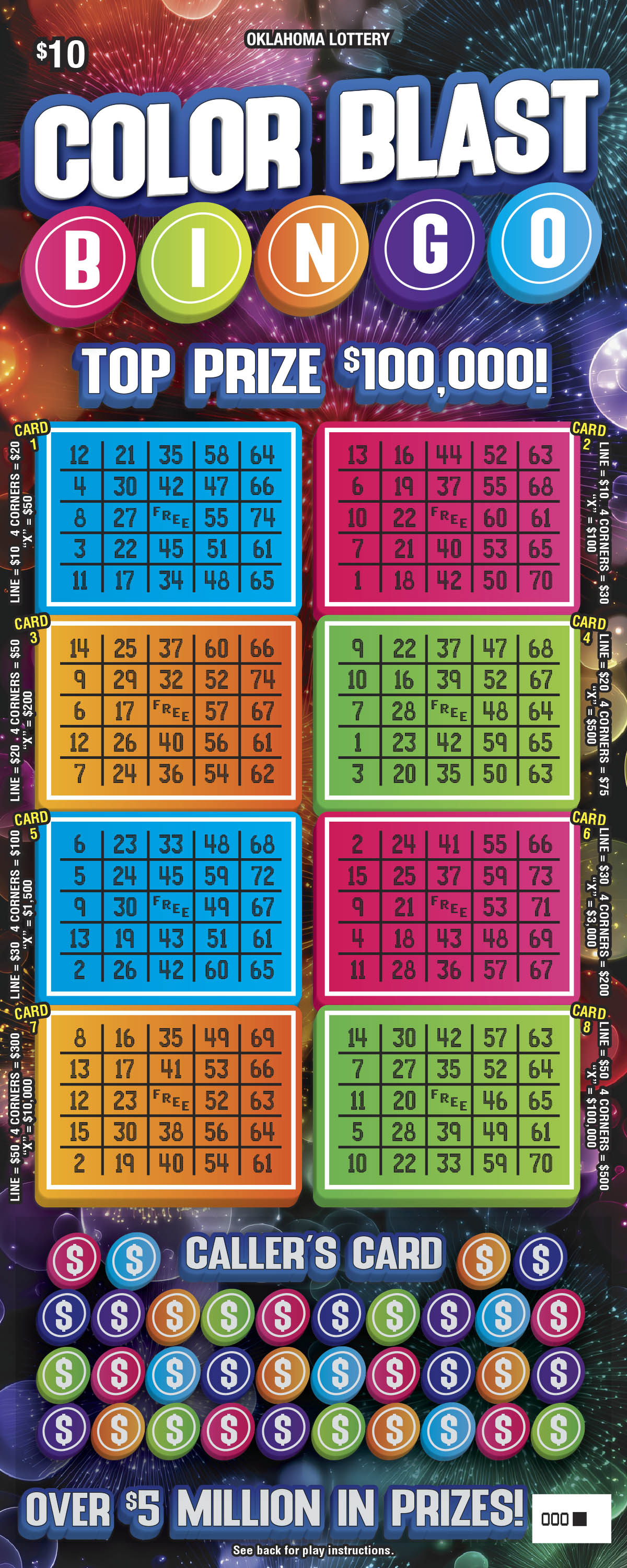 Color Blast Bingo scratcher ticket from Oklahoma Lottery