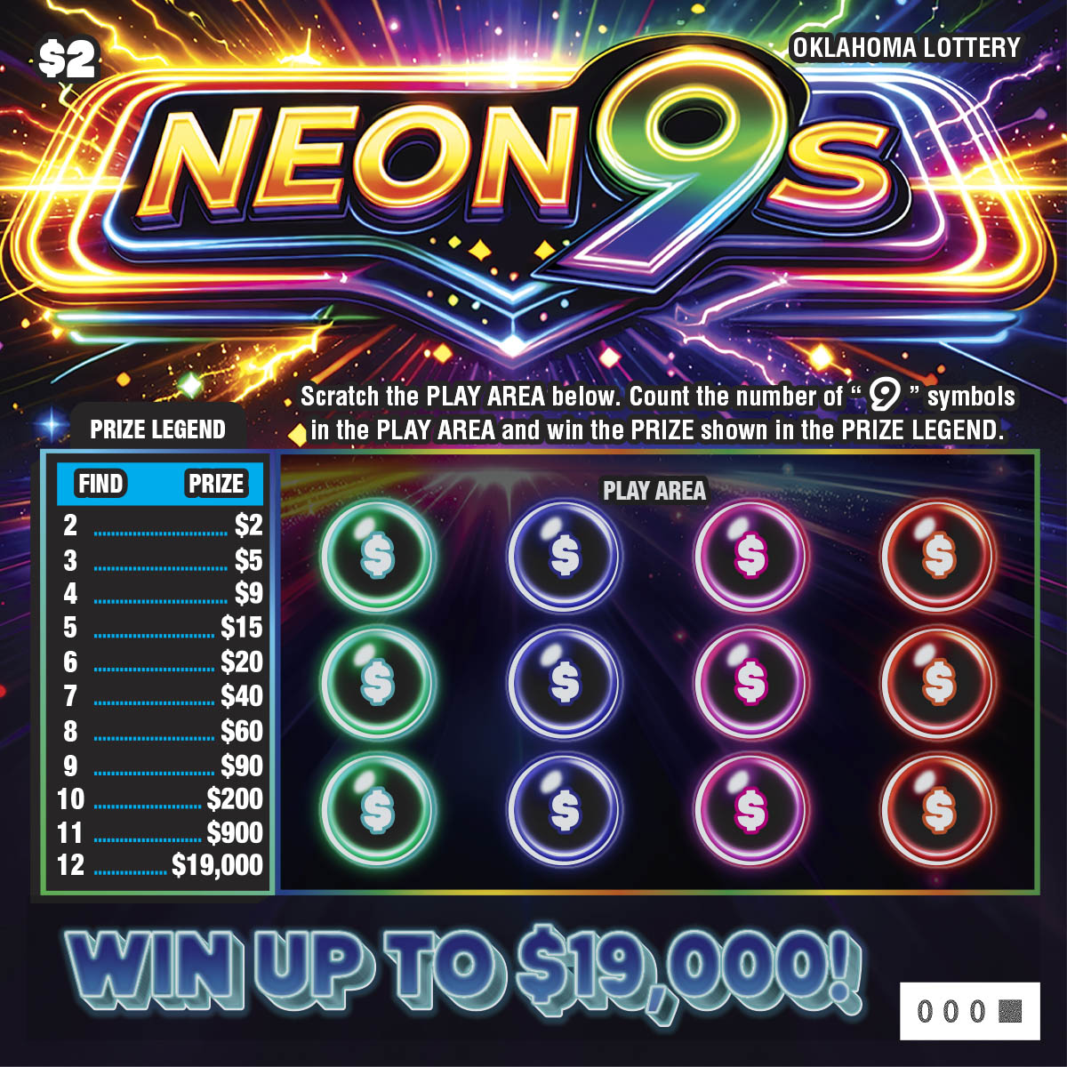 Neon 9s scratcher ticket from Oklahoma Lottery